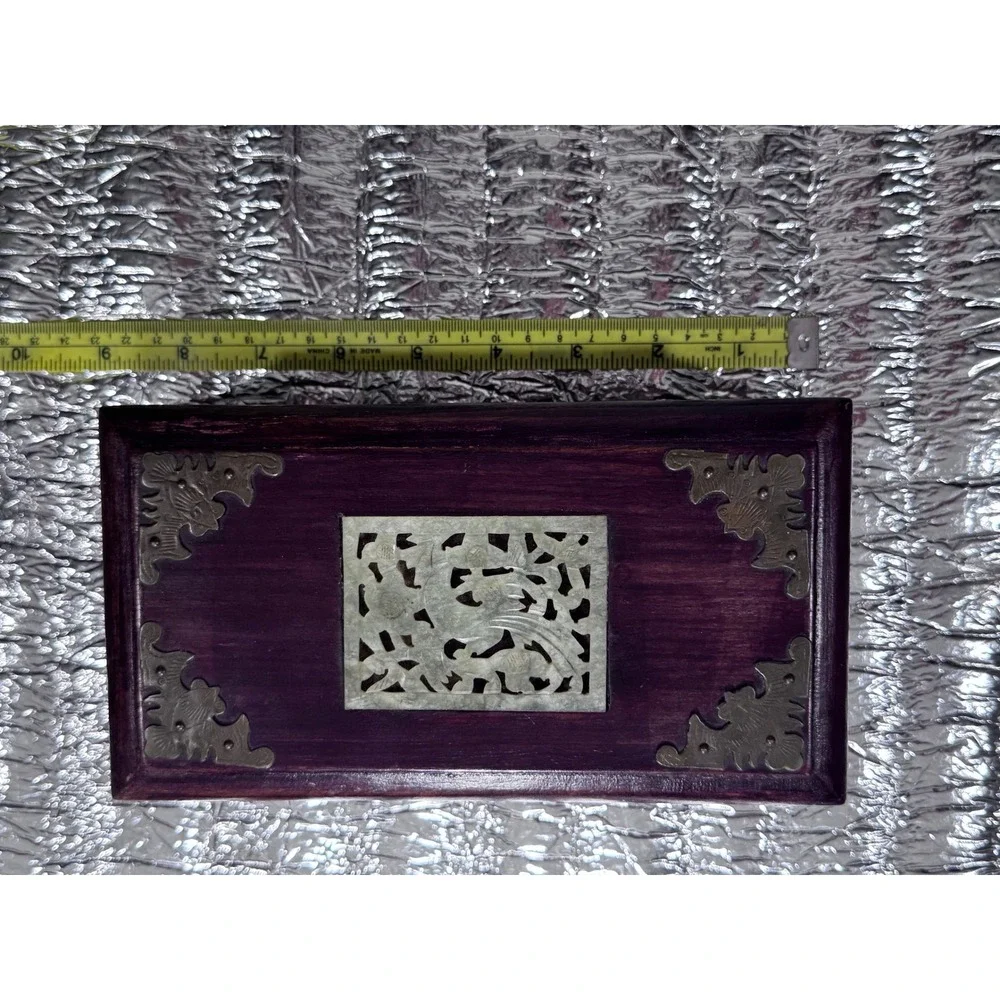 Vintage Chinese Rosewood Jewelry Box Carved Soapstone Inlay Brass Accents